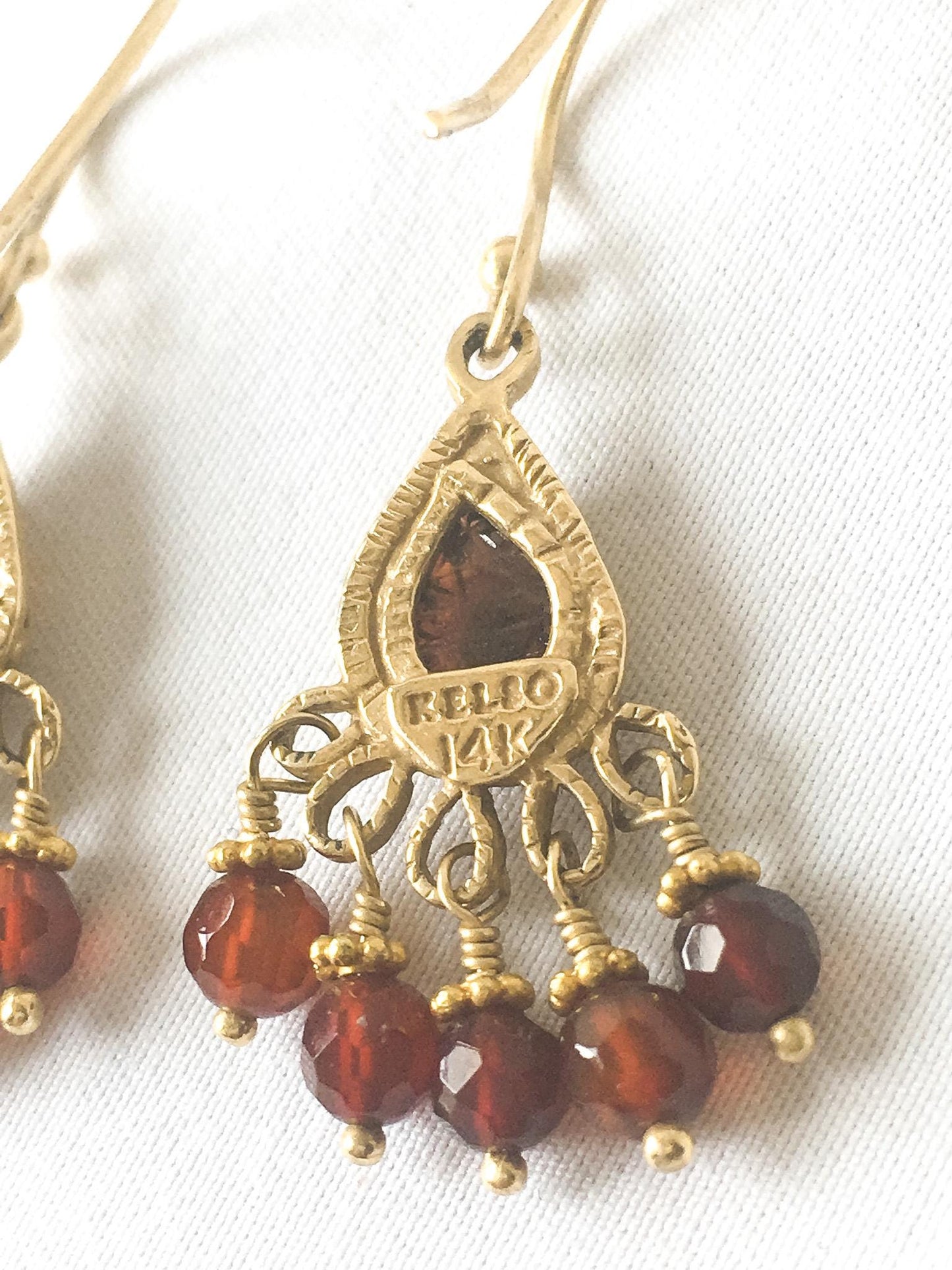 14K Becky Kelso Jade Red Beaded Chandelier Dangle Earrings, Vintage Boho Earrings