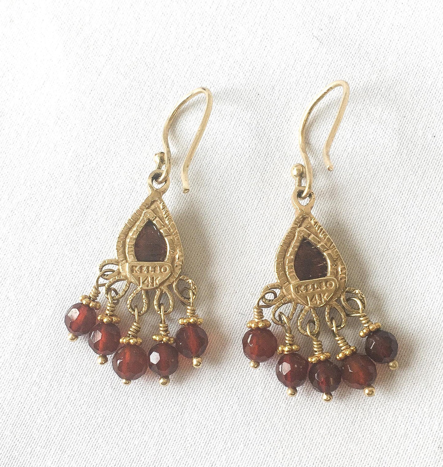 14K Becky Kelso Jade Red Beaded Chandelier Dangle Earrings, Vintage Boho Earrings
