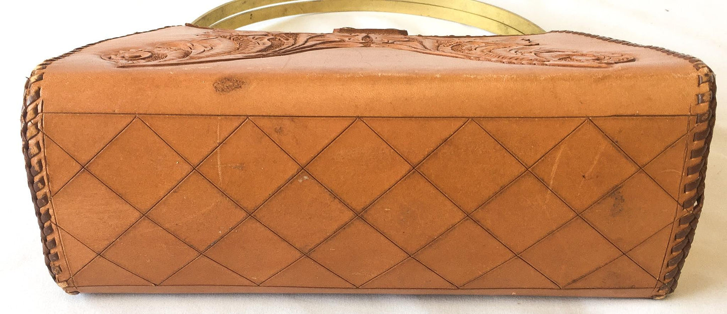 70s Handcrafted Tooled Leather Floral Trapezoid Metal Top Handle Bag, Vintage Western Boho Handbag
