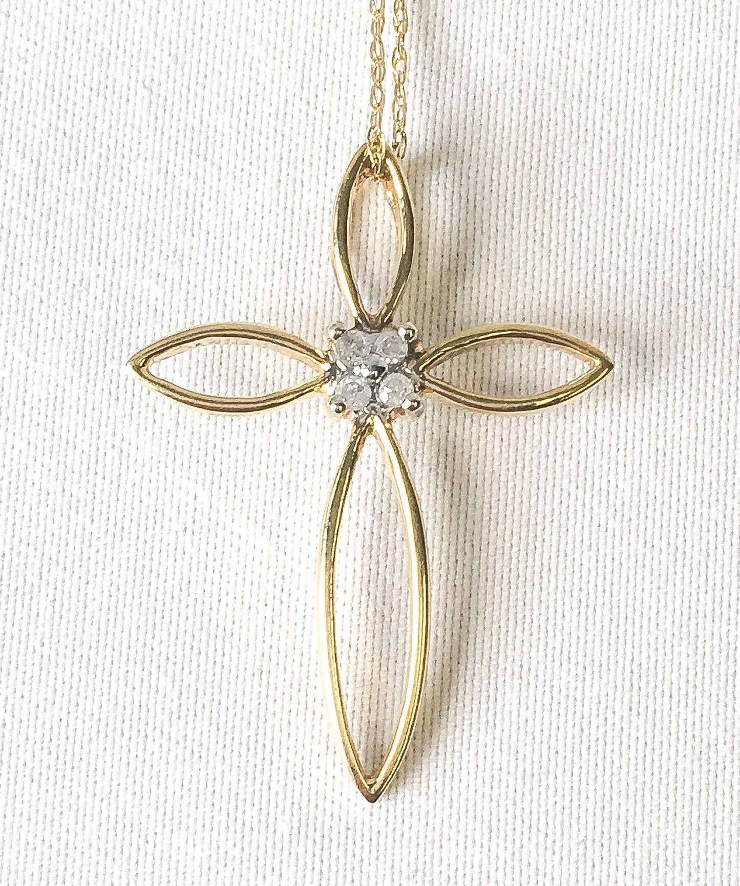 10K Yellow Gold Diamond Open Line Cross Necklace, 18", Dainty Simple Everyday Layering Cross Necklace