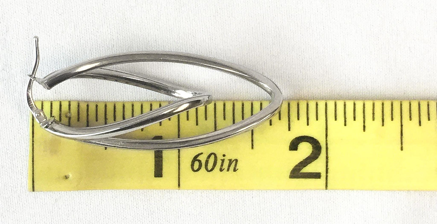 14K Italy White Gold Oblong Double Twisted Hoop Earrings, 2", 3.6 Grams, Unique White Gold Silver Hoops