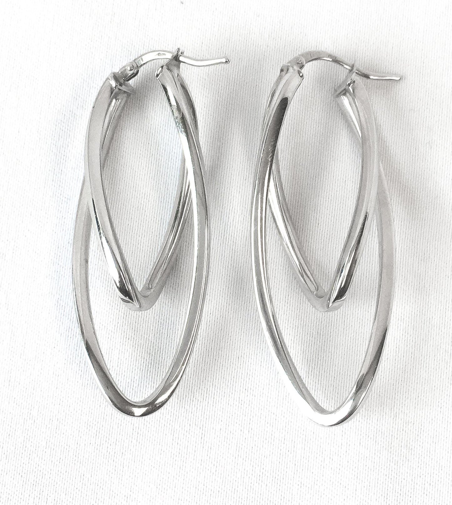 14K Italy White Gold Oblong Double Twisted Hoop Earrings, 2", 3.6 Grams, Unique White Gold Silver Hoops