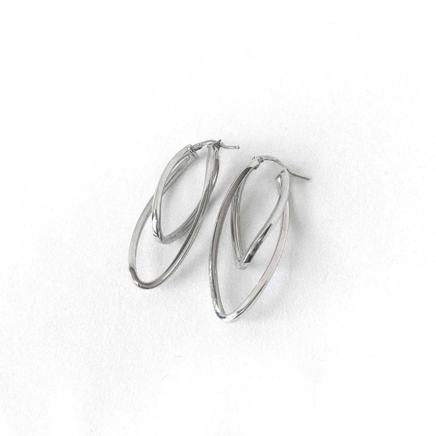 14K Italy White Gold Oblong Double Twisted Hoop Earrings, 2", 3.6 Grams, Unique White Gold Silver Hoops