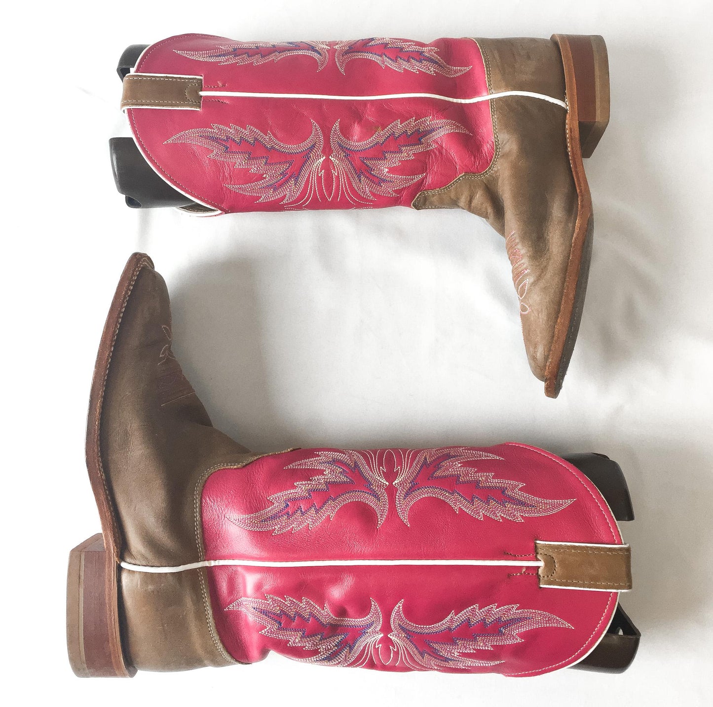 Justin Bent Rail Pink Brown Leather Square Toe Cowboy Boots, Style #BRL311, Women's Sz 9B, Vintage Unique Western Cowgirl Festival Boots