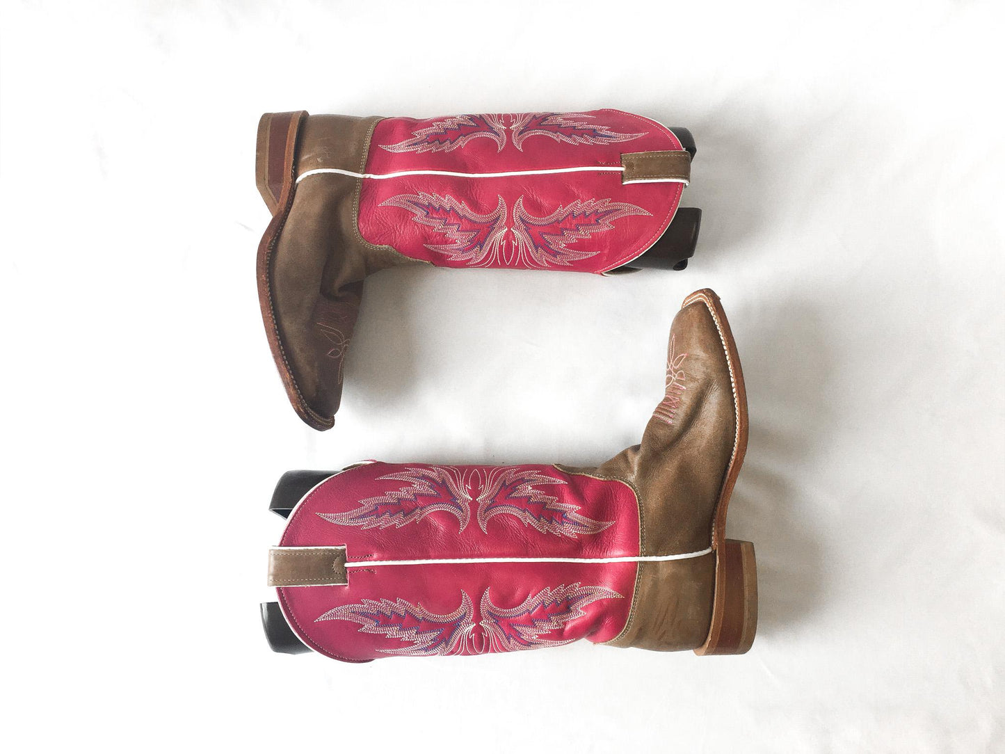 Justin Bent Rail Pink Brown Leather Square Toe Cowboy Boots, Style #BRL311, Women's Sz 9B, Vintage Unique Western Cowgirl Festival Boots