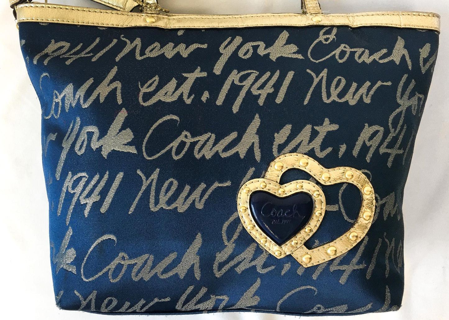Y2K Coach Signature Script Navy/Metallic Gold Lurex Shoulder Tote Bag, Style F17097, Unique 00s Statement Handbag