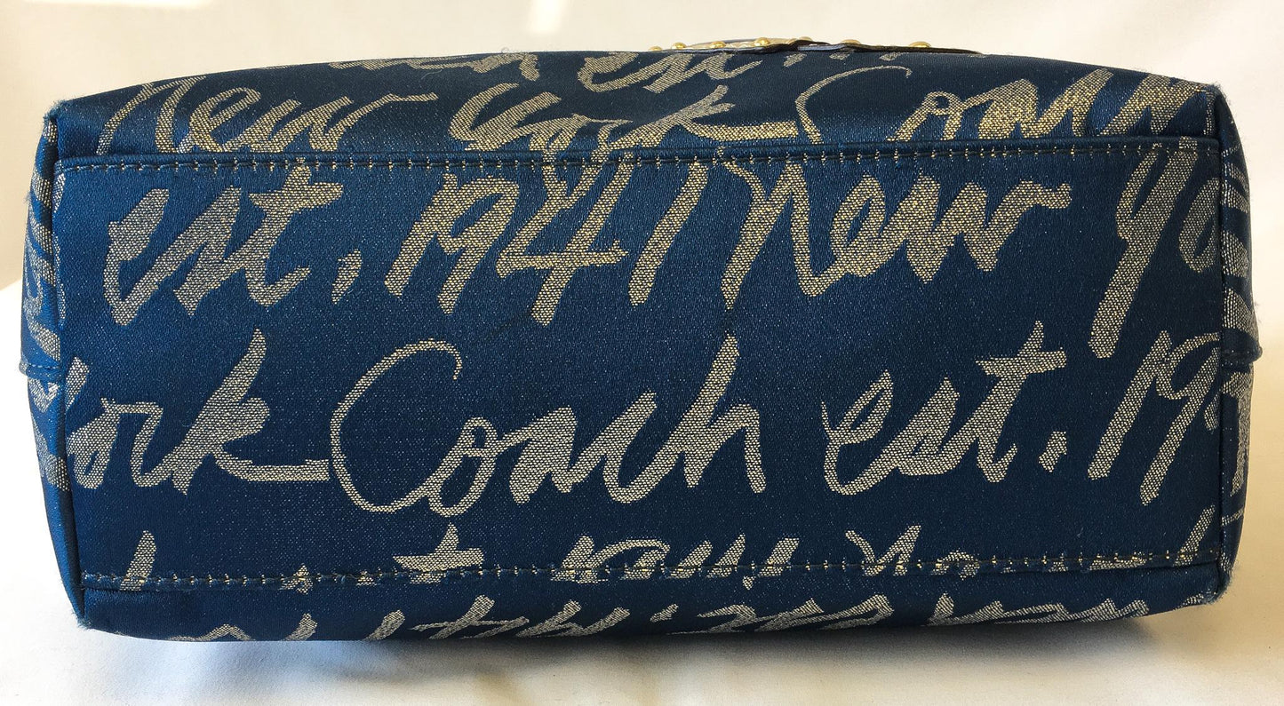 Y2K Coach Signature Script Navy/Metallic Gold Lurex Shoulder Tote Bag, Style F17097, Unique 00s Statement Handbag