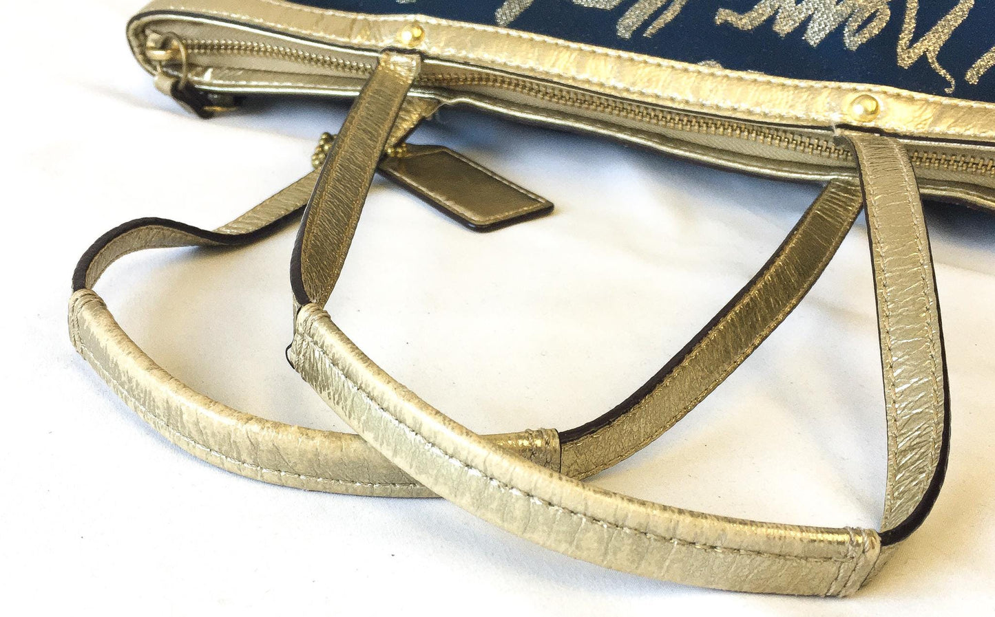 Y2K Coach Signature Script Navy/Metallic Gold Lurex Shoulder Tote Bag, Style F17097, Unique 00s Statement Handbag
