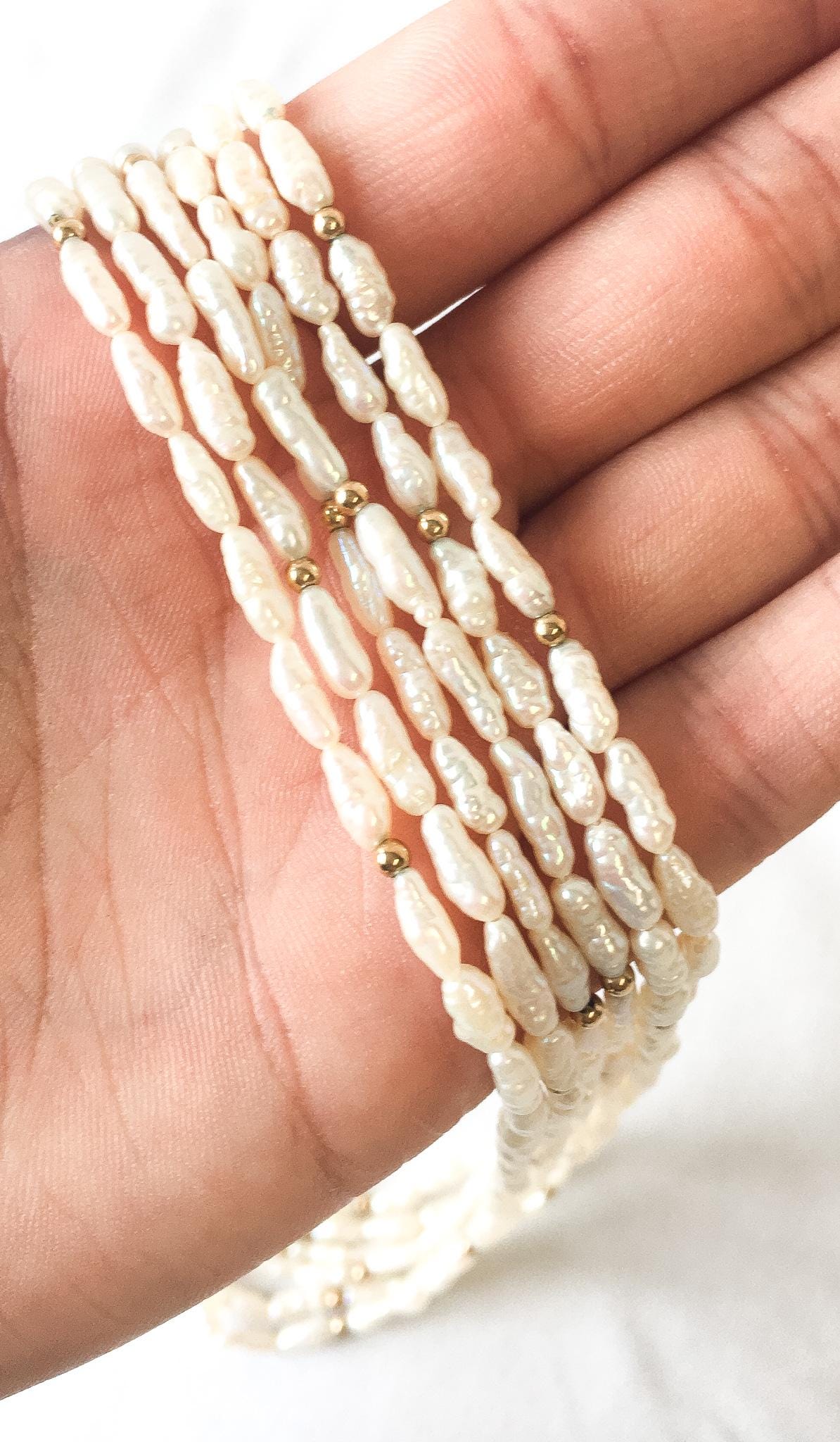 Vintage 14K Freshwater Rice Pearl 6 Strand Pearl Necklace, Roughly 16", Roughly .5" Width, Regal Elegant Beach Style Unique Pearls