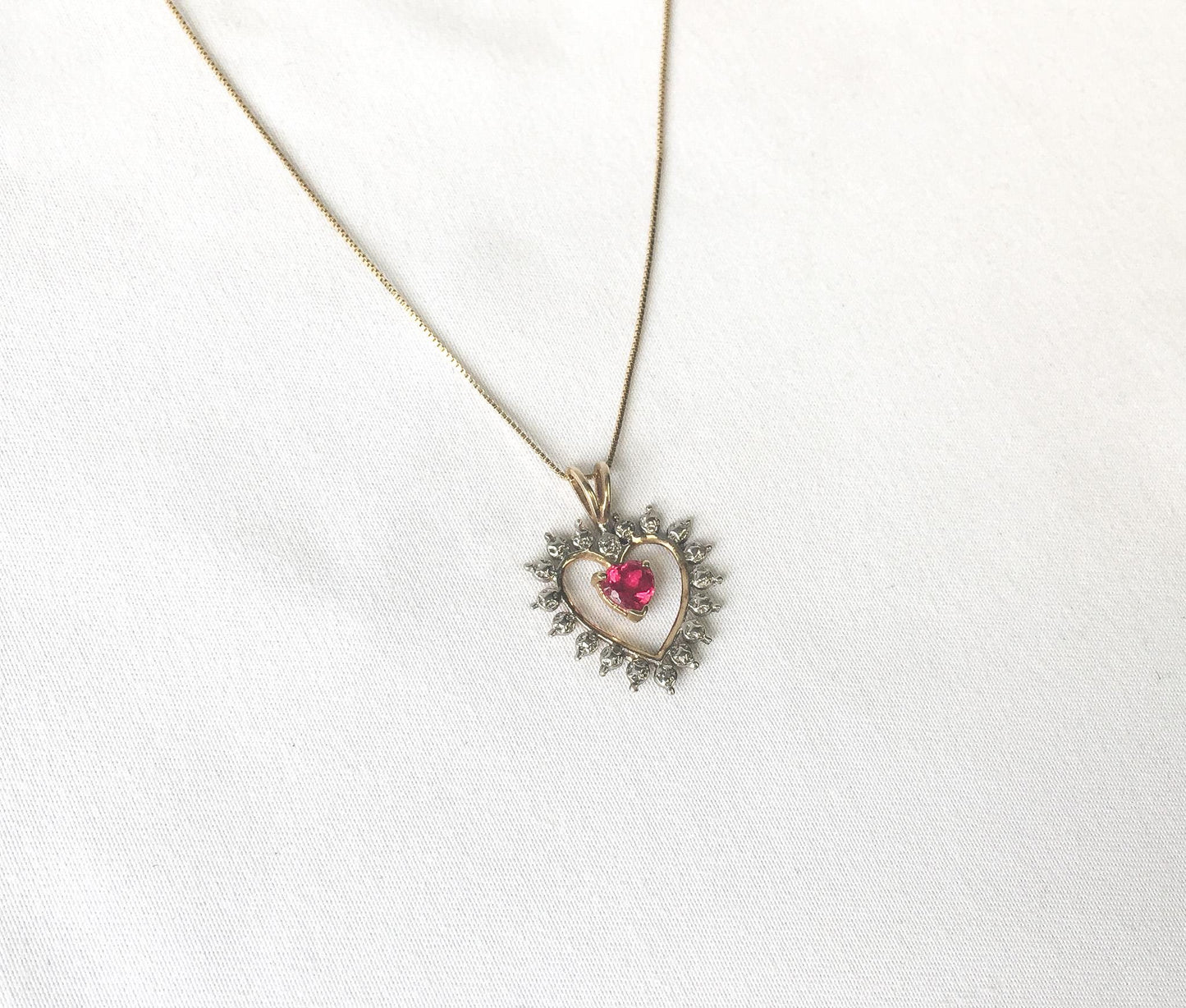 Vintage 10K Ruby White Topaz Heart Pendant on 19.5 Inch 14K Chain, Vintage Elegant Princess Style Necklace