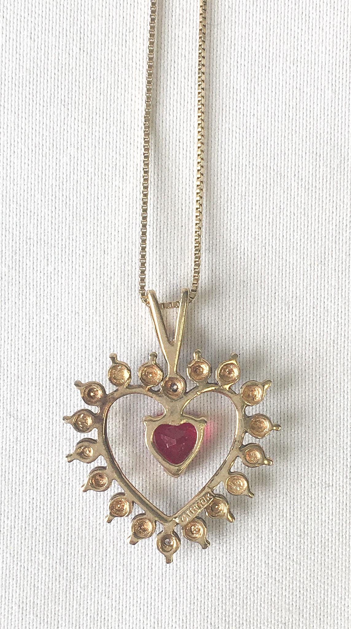 Vintage 10K Ruby White Topaz Heart Pendant on 19.5 Inch 14K Chain, Vintage Elegant Princess Style Necklace