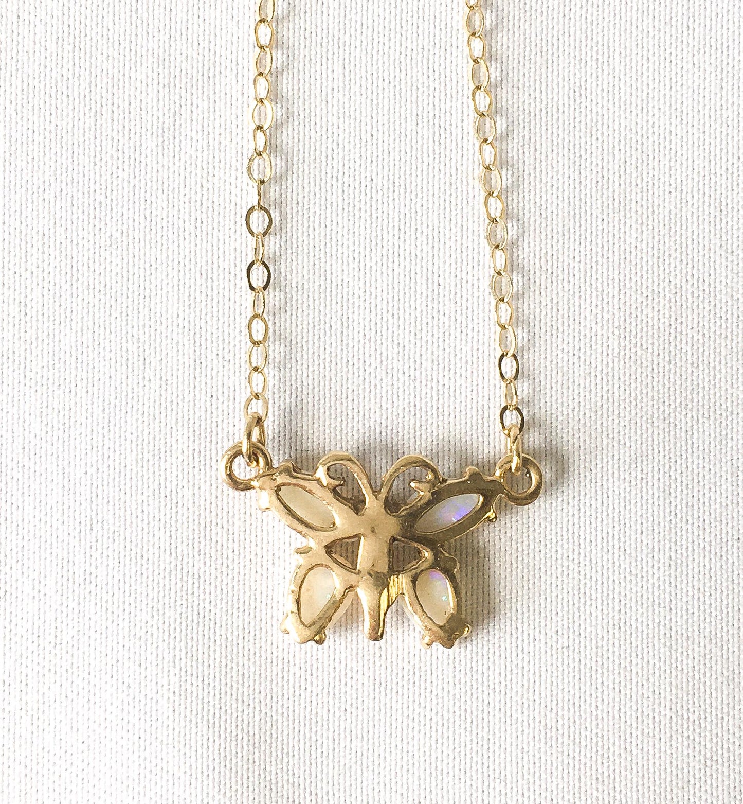 14K Opal Butterfly Necklace, 16", Dainty Simple Everyday Layering Necklace