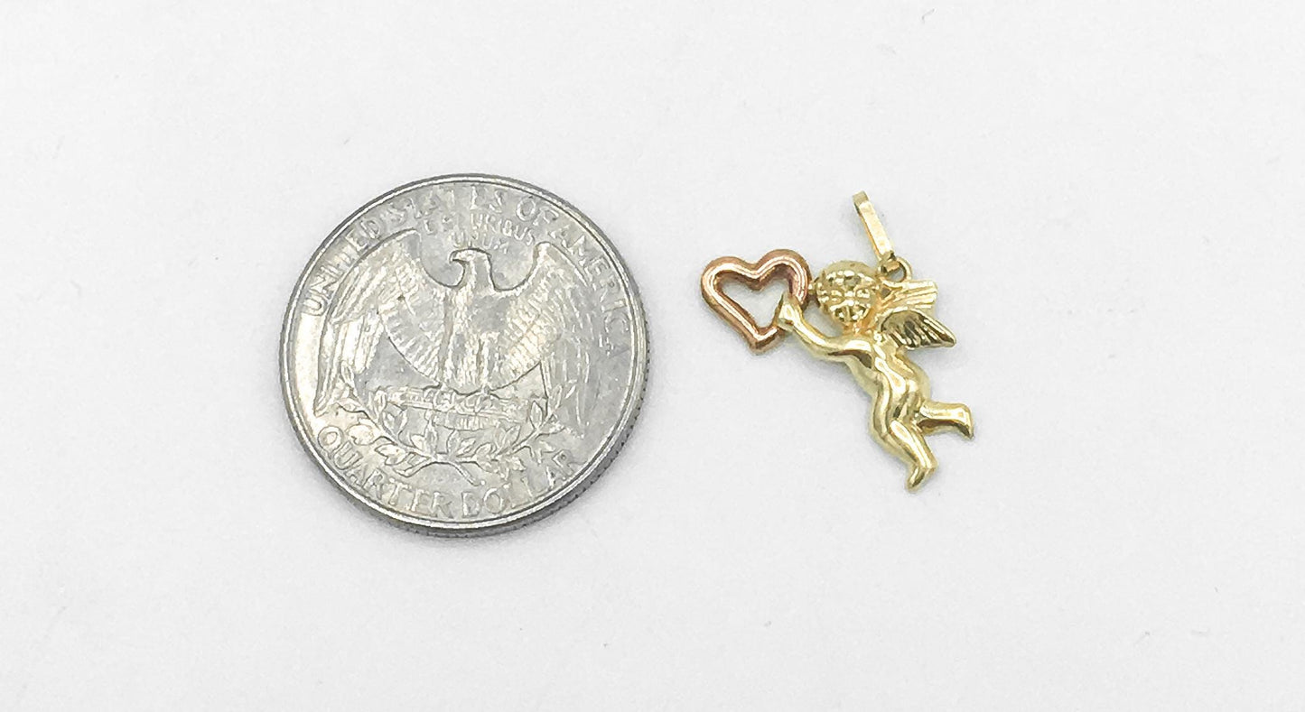 Vintage 10K Yellow and Rose Gold Cupid Cherub Heart Pendant, .75 Inches