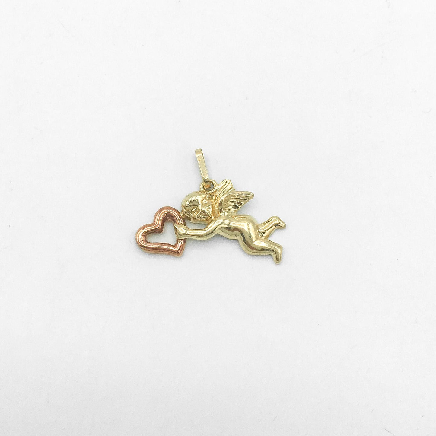 Vintage 10K Yellow and Rose Gold Cupid Cherub Heart Pendant, .75 Inches