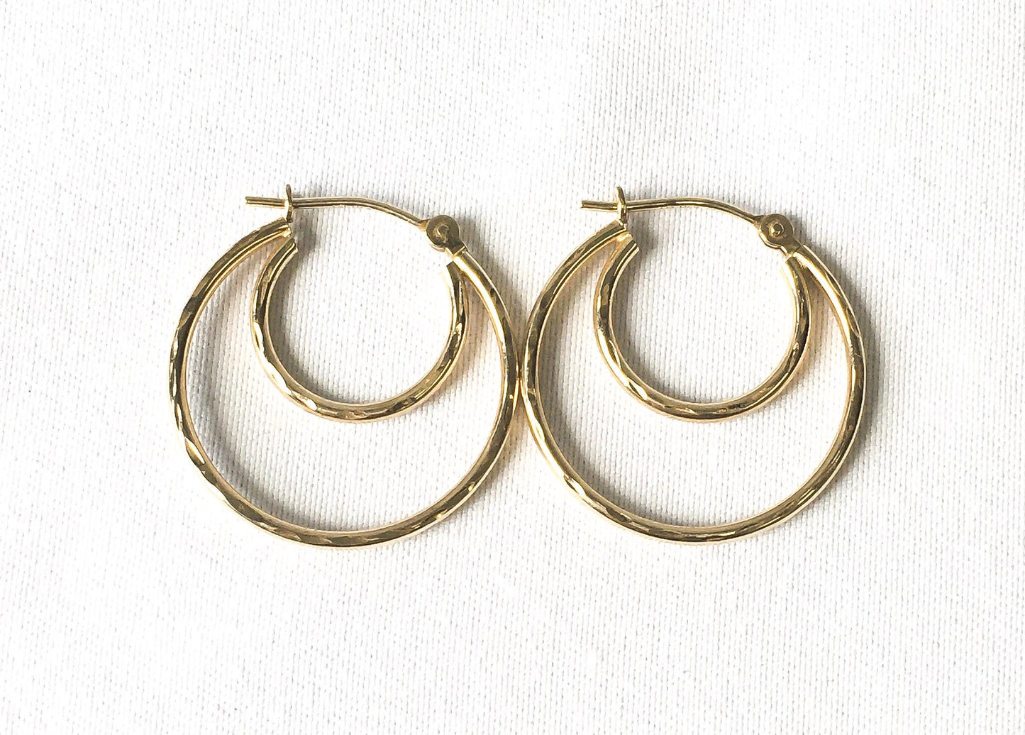 14K Yellow Gold Textured Double Hoop Earrings, Lightweight Dainty Simple Everyday Minimalist Style Hoops