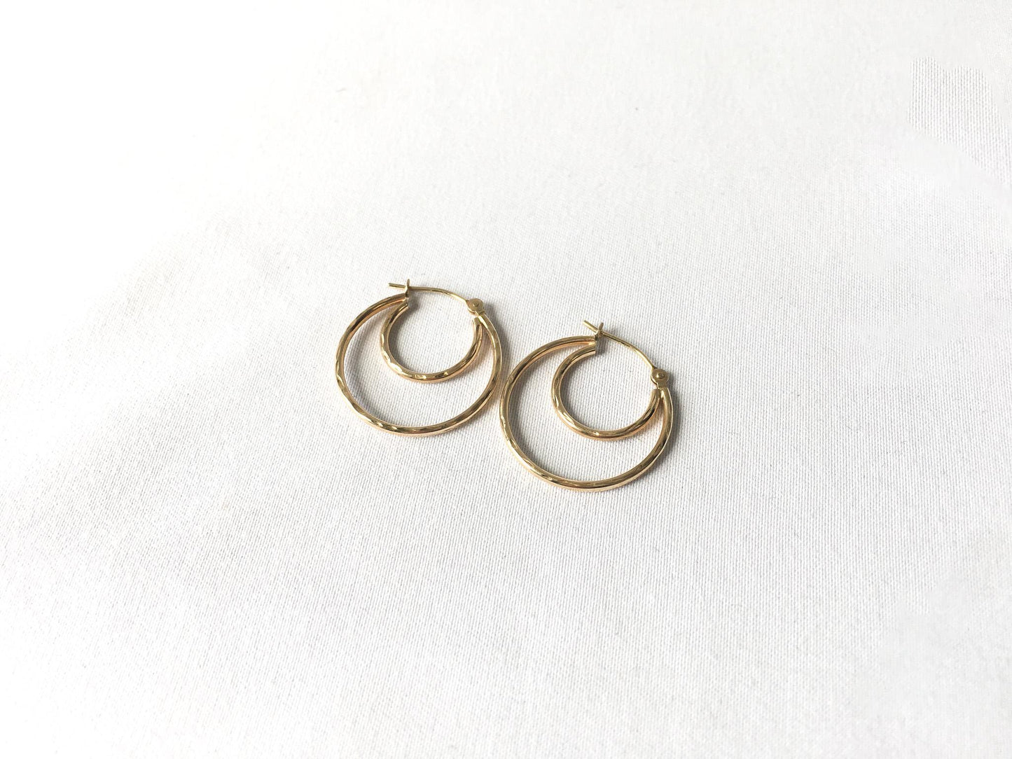 14K Yellow Gold Textured Double Hoop Earrings, Lightweight Dainty Simple Everyday Minimalist Style Hoops