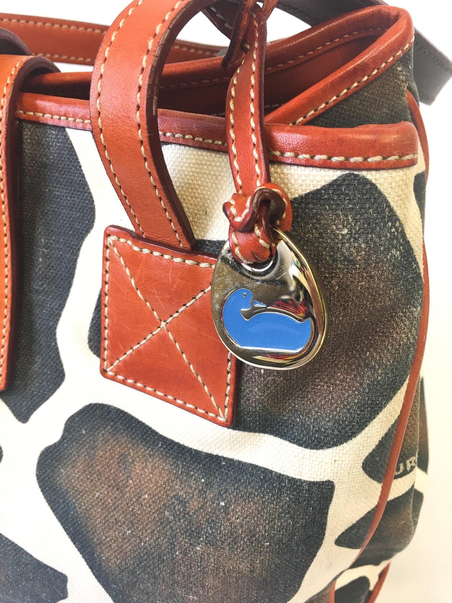 Y2K Dooney and Bourke Giraffe Animal Print Canvas Leather Shoulder Tote Bag, Unique 00s Animal Print Handbag
