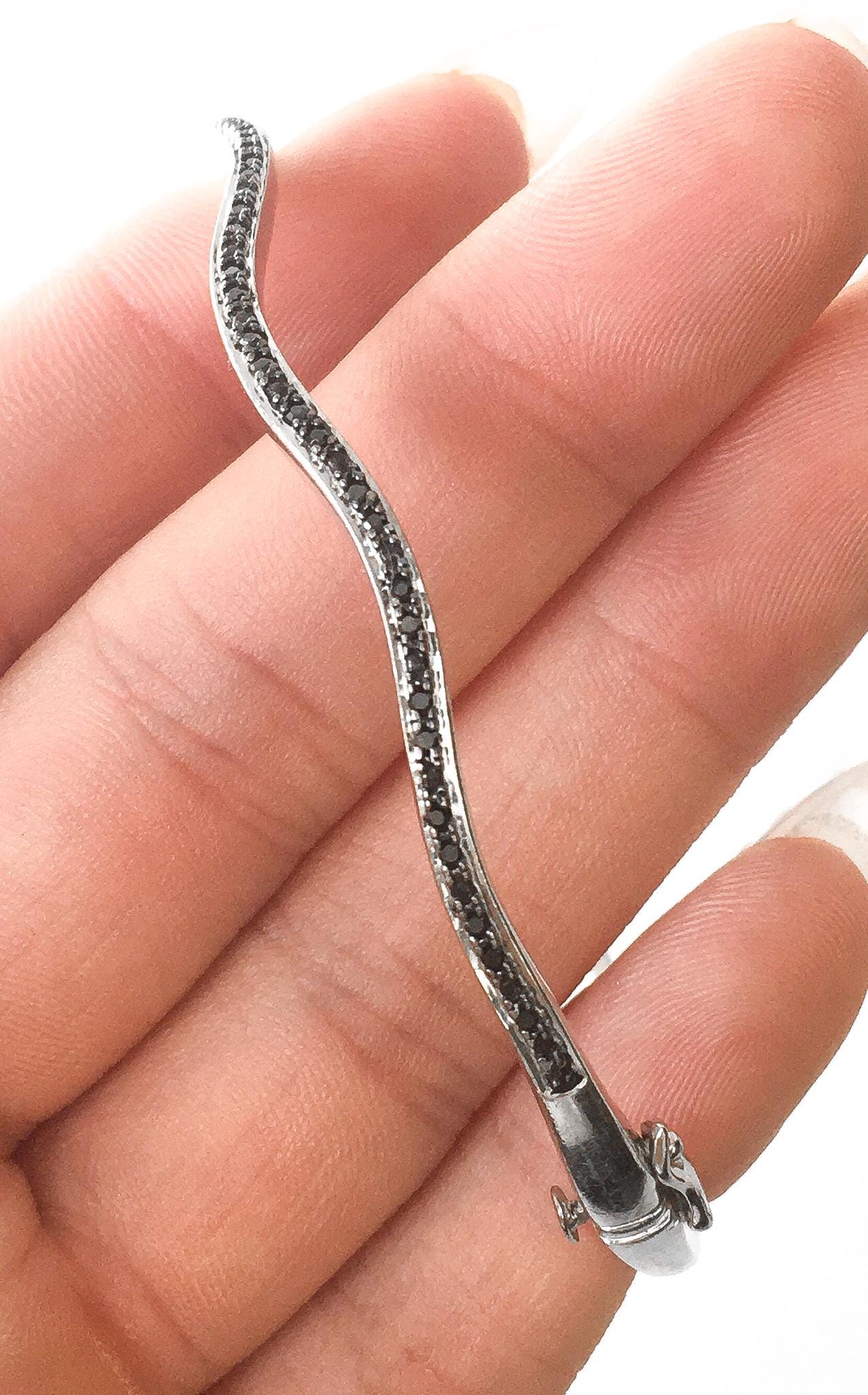 925 and Black Diamond Silver Wave Bangle Bracelet, 6-8", Unique Stackable Bangle Bracelet