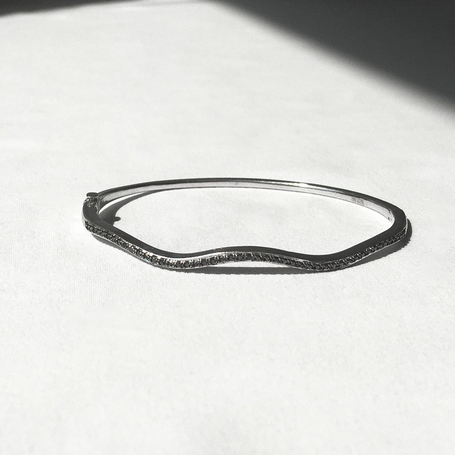 925 and Black Diamond Silver Wave Bangle Bracelet, 6-8", Unique Stackable Bangle Bracelet