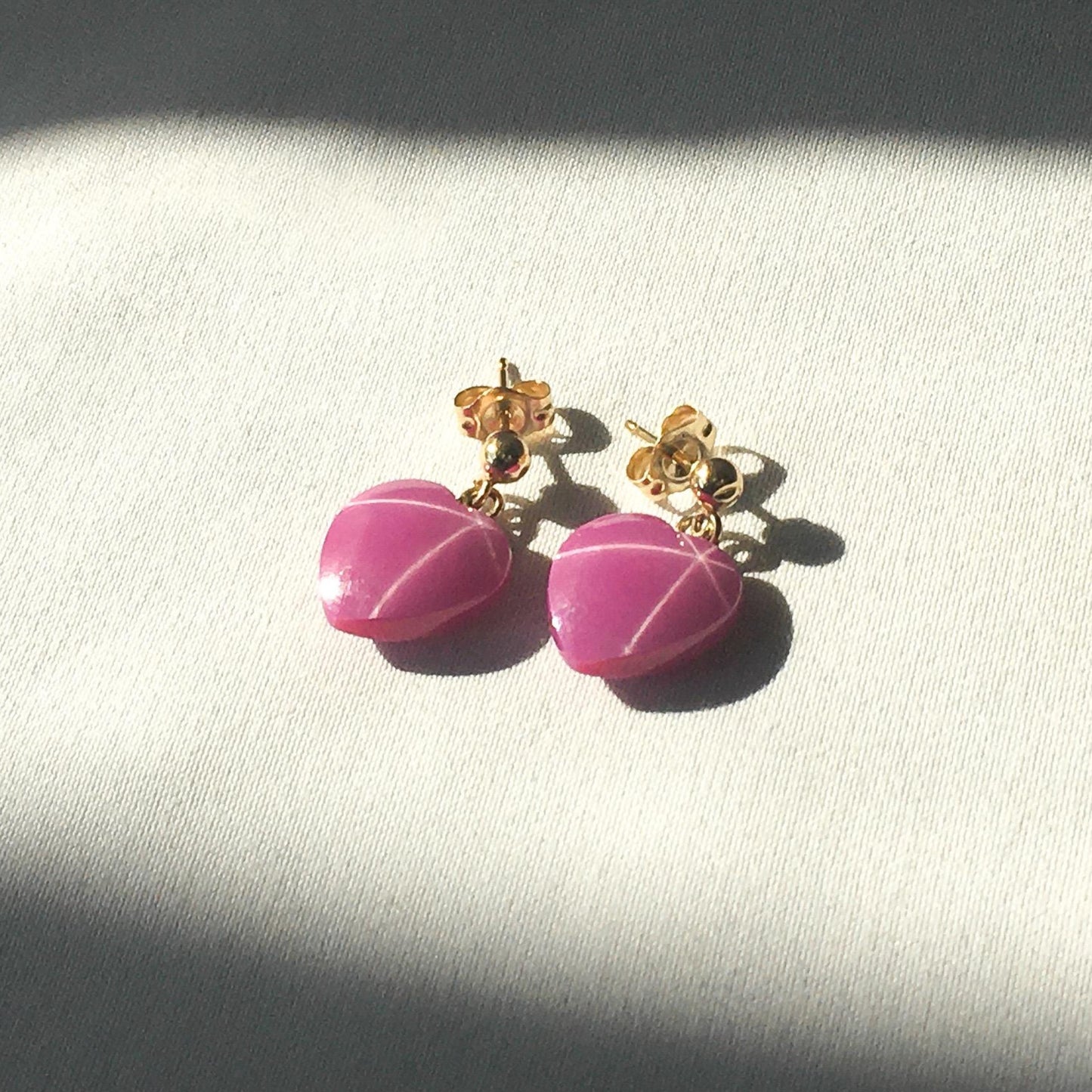 14K Pink Star Ruby Heart Shaped Dangle Stud Earrings, Unique Elegant Dainty Ruby Earrings