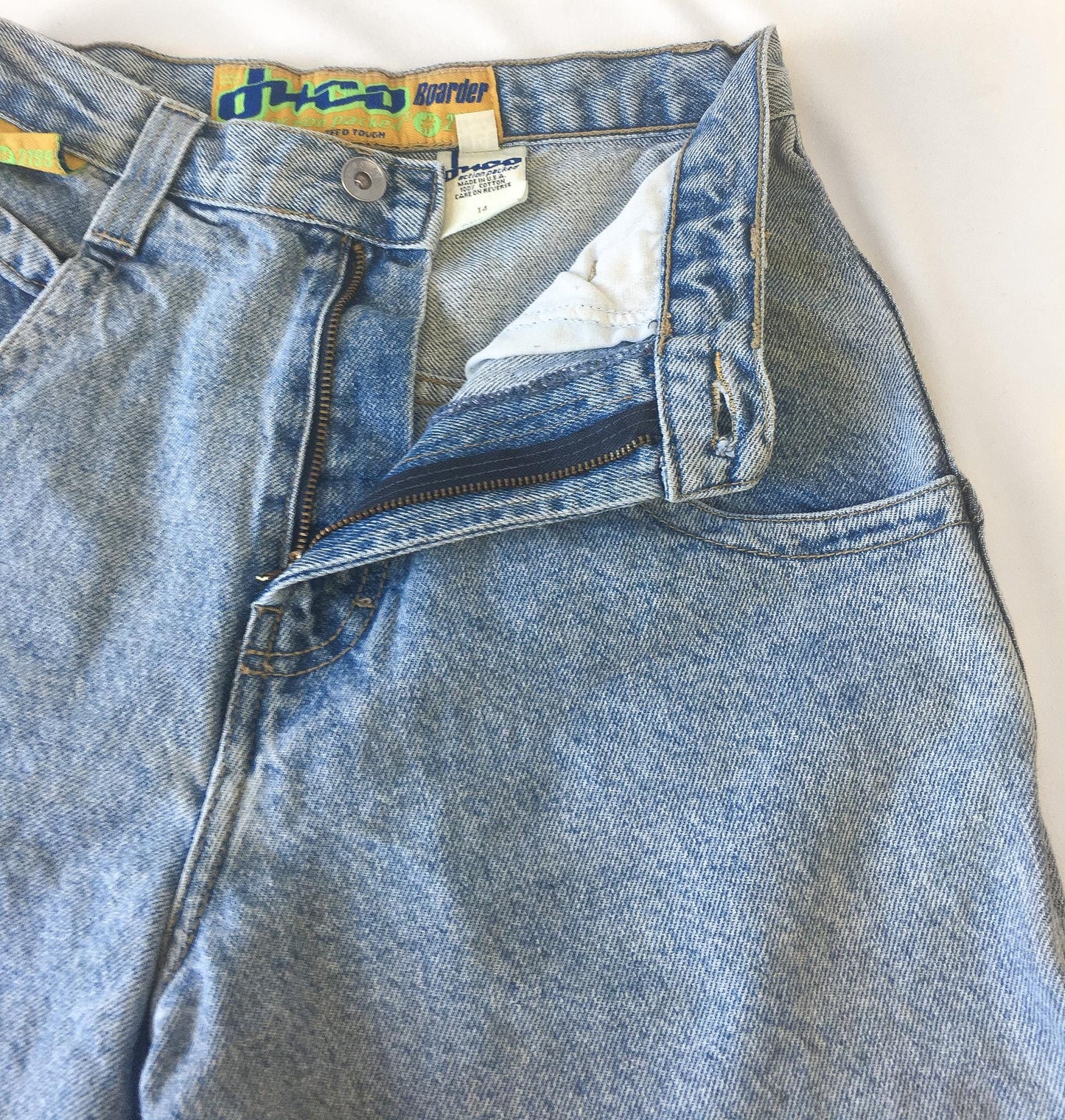 90s JNCO 2199 Boarder Neon Green/Blue Light Wash High Rise Denim Shorts, 26" Waist, Vintage Streetwear Jorts