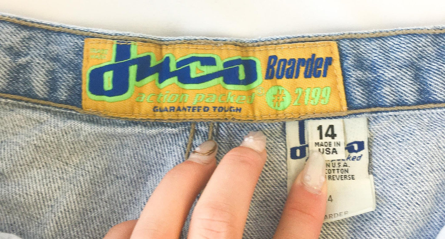 90s JNCO 2199 Boarder Neon Green/Blue Light Wash High Rise Denim Shorts, 26" Waist, Vintage Streetwear Jorts