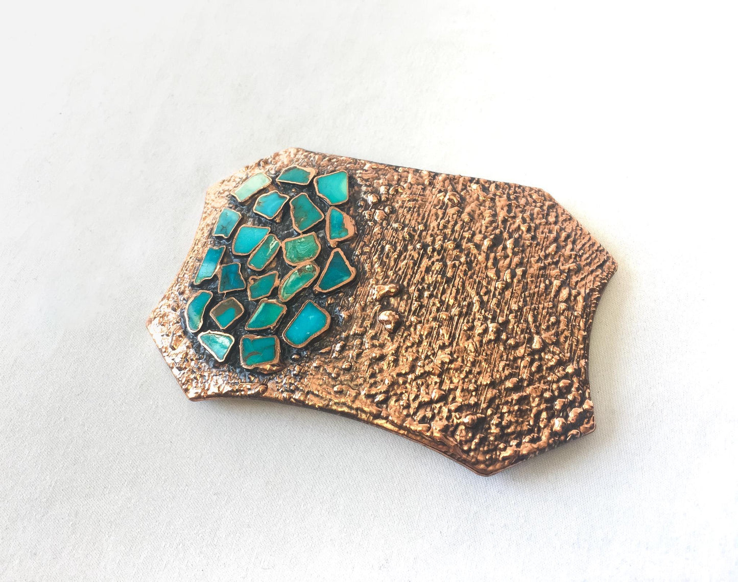 Vintage Copper Turquoise Inlay Textured Navajo Belt Buckle, Vintage Unique Statement Native American Western Navajo Belt Buckle