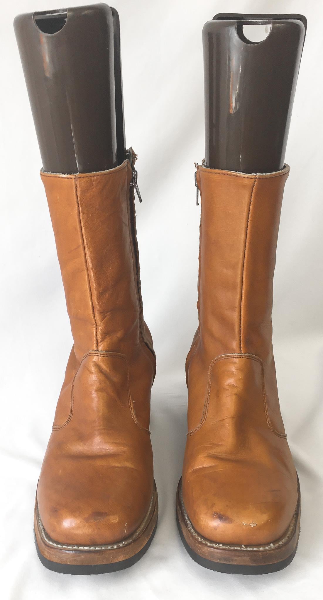 70s Frye Brown Tan Leather Zip Up Chunky Platform Boots, Unisex Sz 10.5D, Vintage Retro Platform Leather Boots