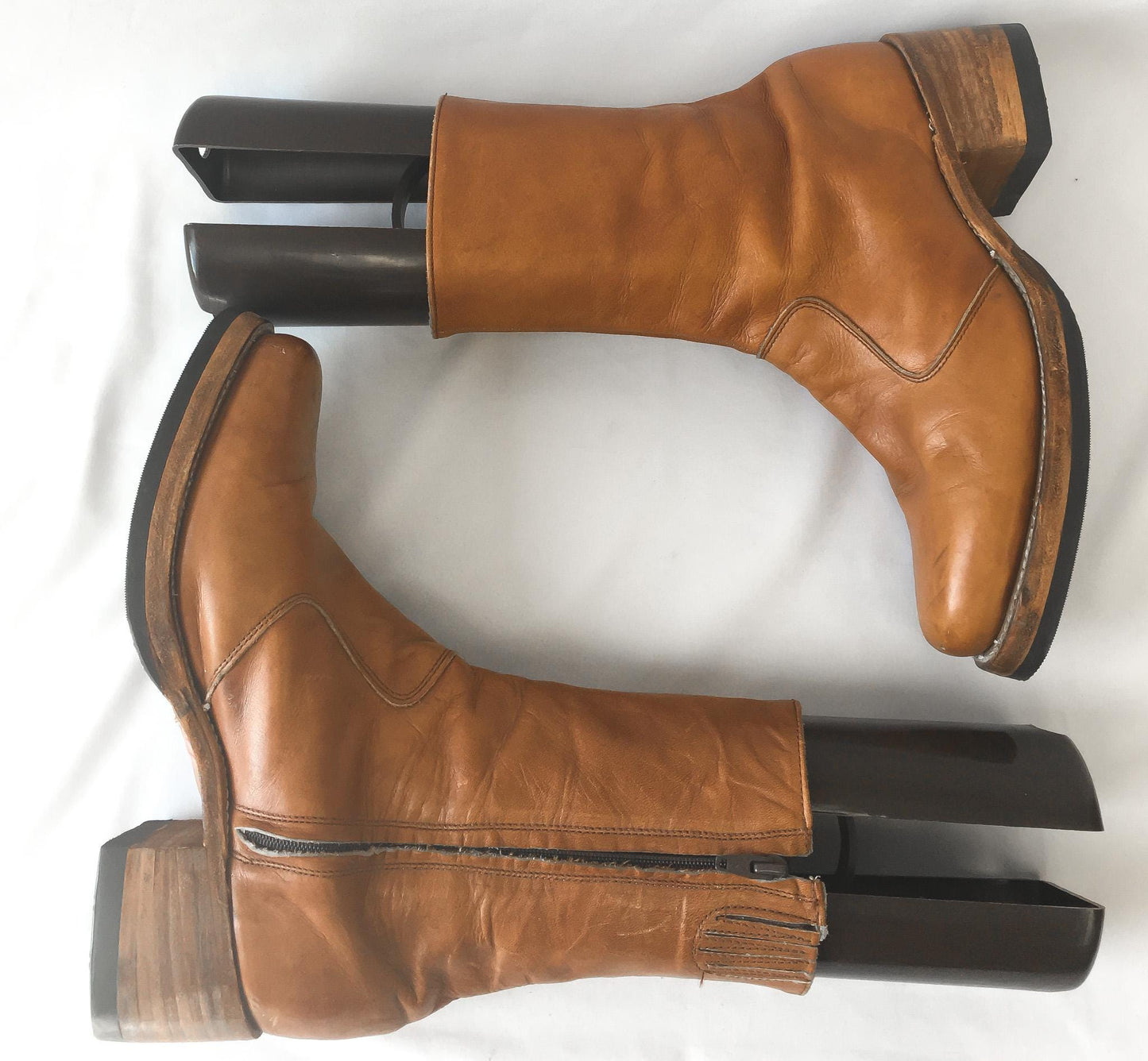 70s Frye Brown Tan Leather Zip Up Chunky Platform Boots, Unisex Sz 10.5D, Vintage Retro Platform Leather Boots