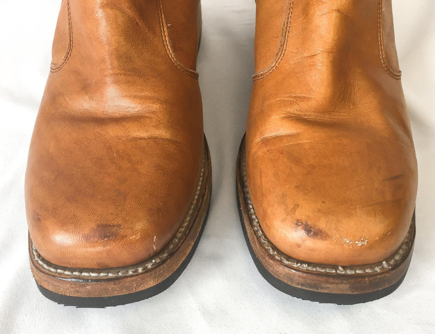 70s Frye Brown Tan Leather Zip Up Chunky Platform Boots, Unisex Sz 10.5D, Vintage Retro Platform Leather Boots