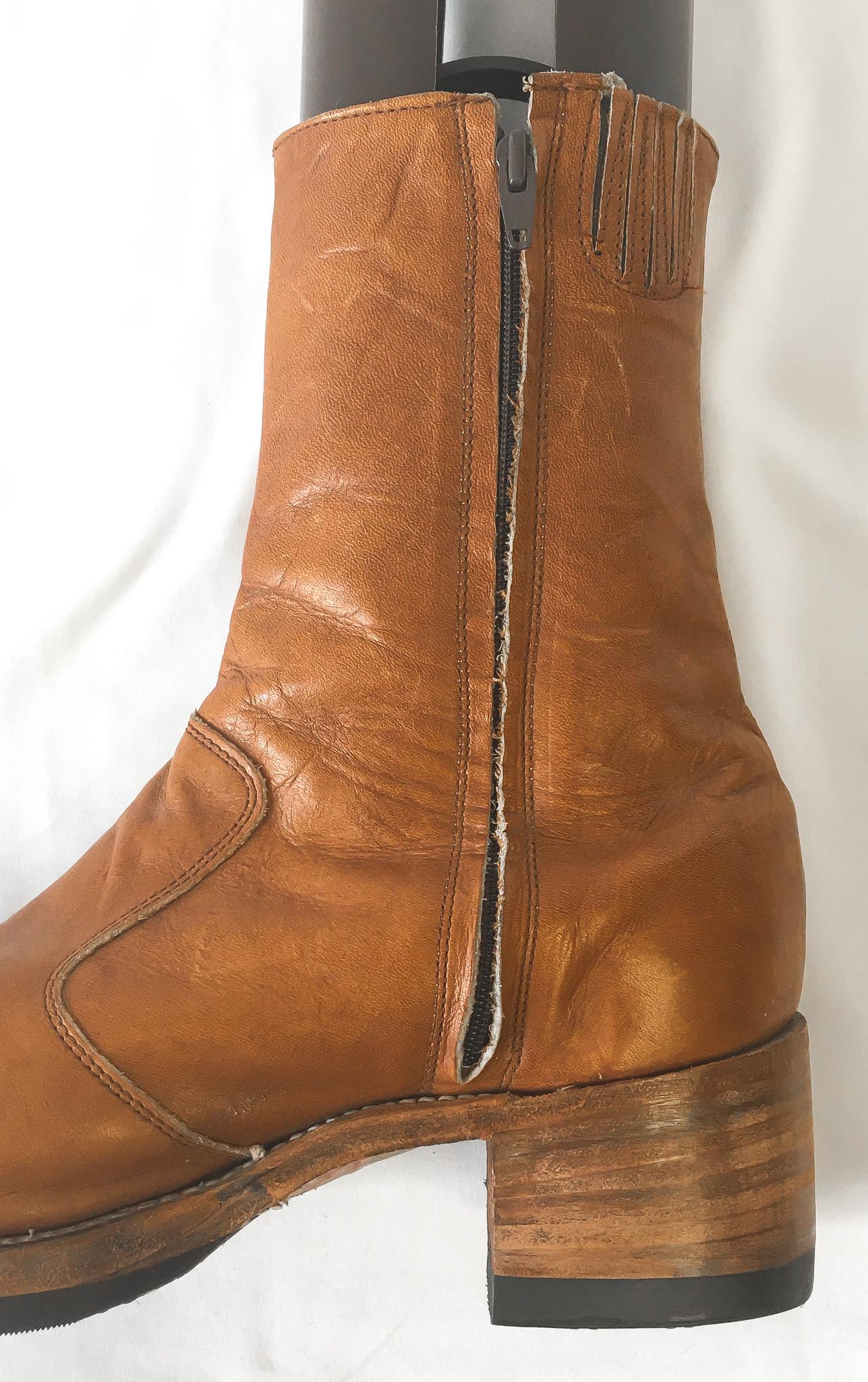 70s Frye Brown Tan Leather Zip Up Chunky Platform Boots, Unisex Sz 10.5D, Vintage Retro Platform Leather Boots