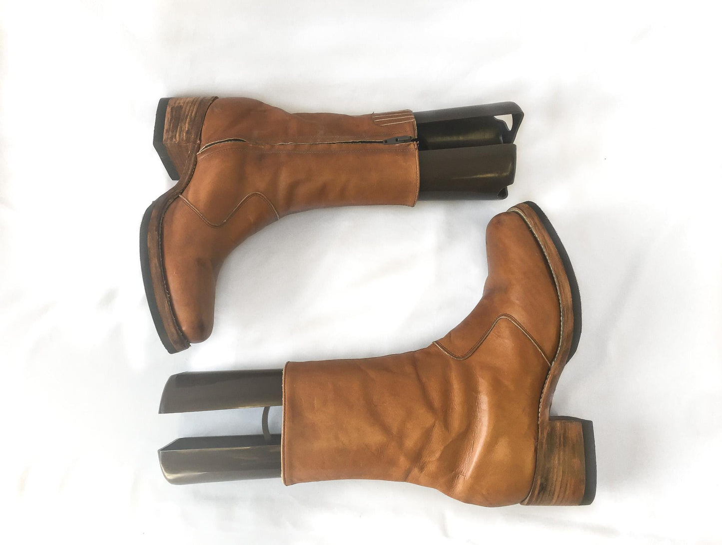 70s Frye Brown Tan Leather Zip Up Chunky Platform Boots, Unisex Sz 10.5D, Vintage Retro Platform Leather Boots