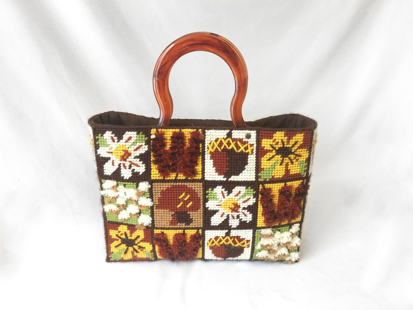 Vintage 70s Brown Floral Mushroom Autumn Themed Patchwork Needlepoint Top Handle Bag, Unique Statement Eclectic Autumn Handbag