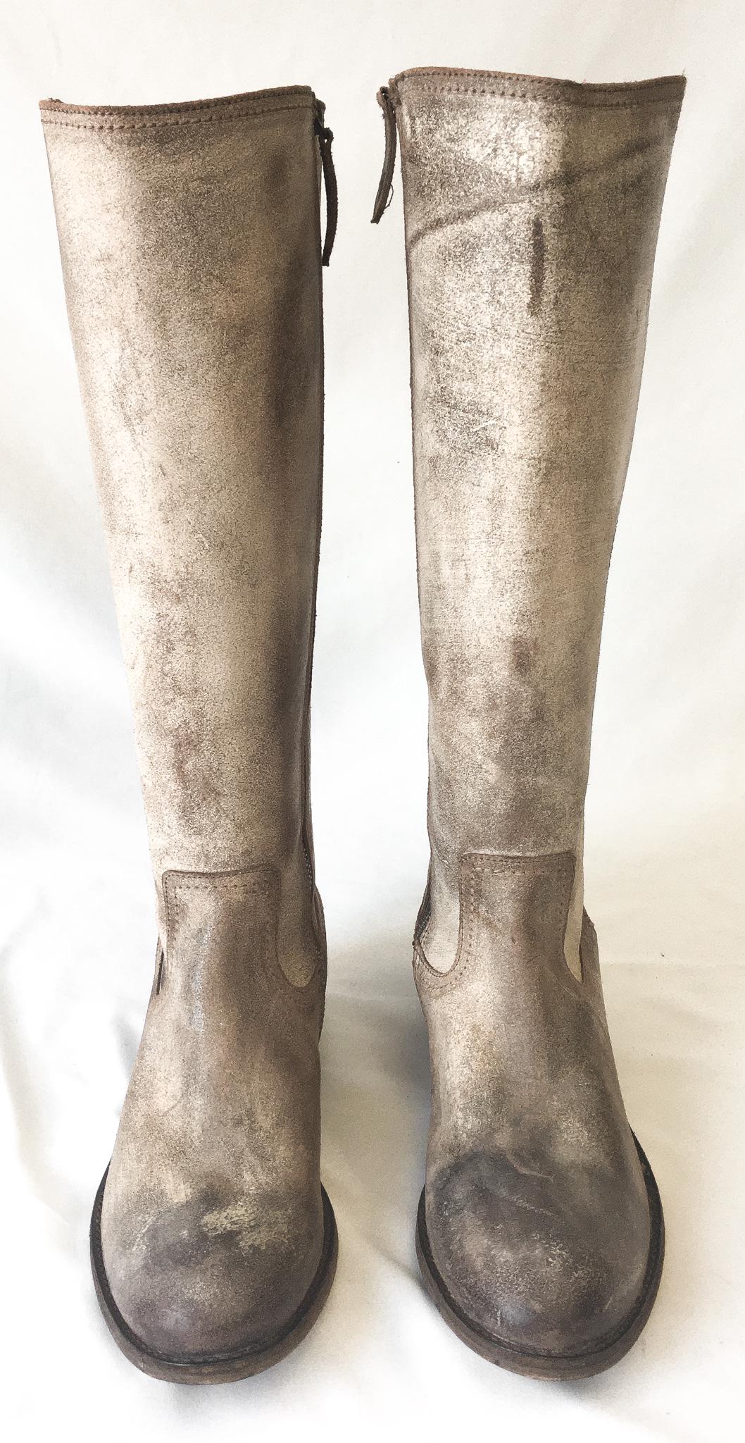 Vintage Frye Beige Distressed Knee High Zip Up Leather Boots, Women's Sz. 8B, Style 4001, Vintage Western Boots