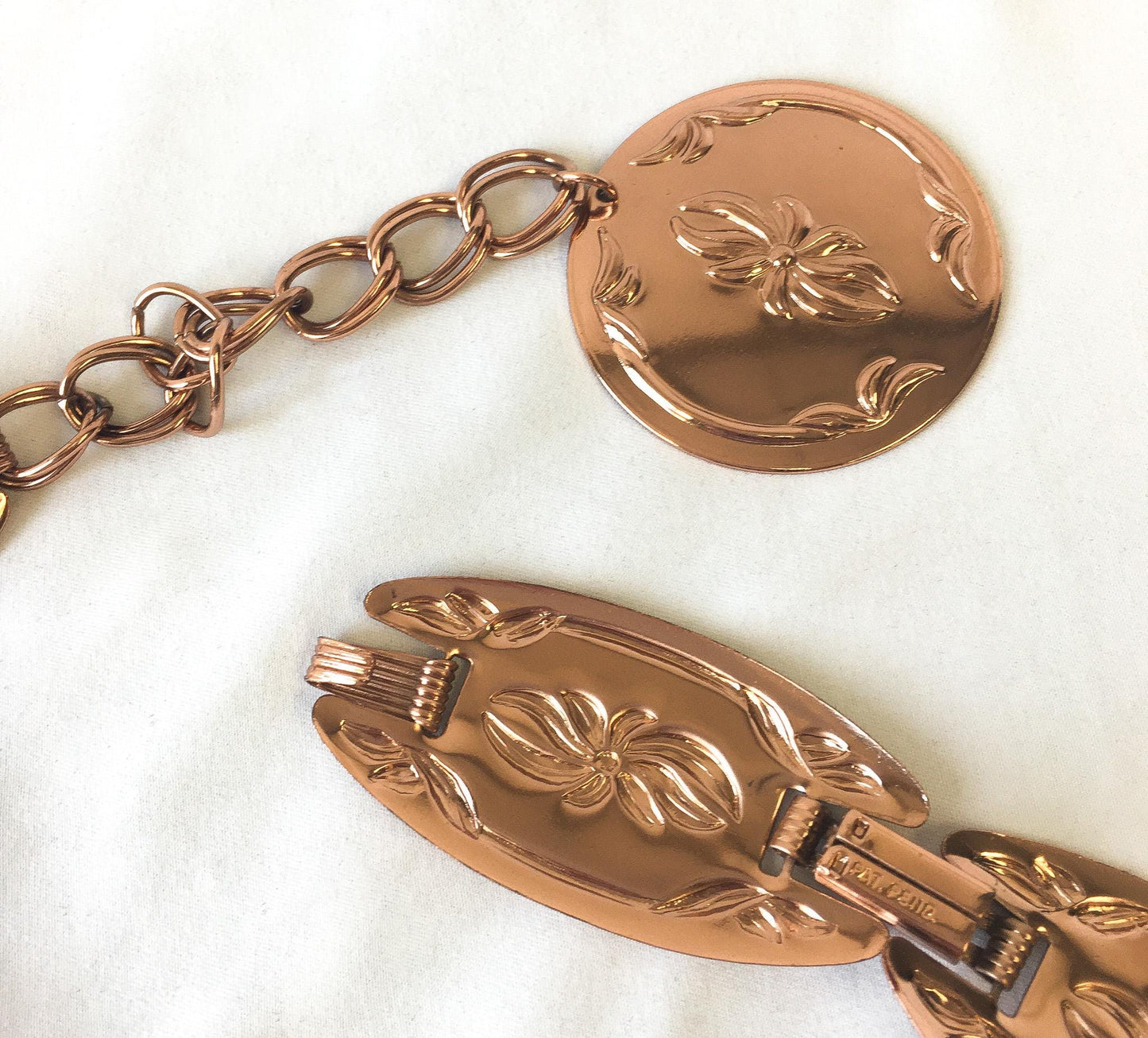 Vintage 70s Coppercraft Guild Copper/Rose Gold Toned Floral Detachable Adjustable Chain Belt, 22"-32", Vintage Boho Western Style Belt