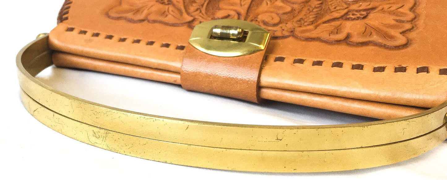 70s Handcrafted Tooled Leather Floral Trapezoid Metal Top Handle Bag, Vintage Western Boho Handbag