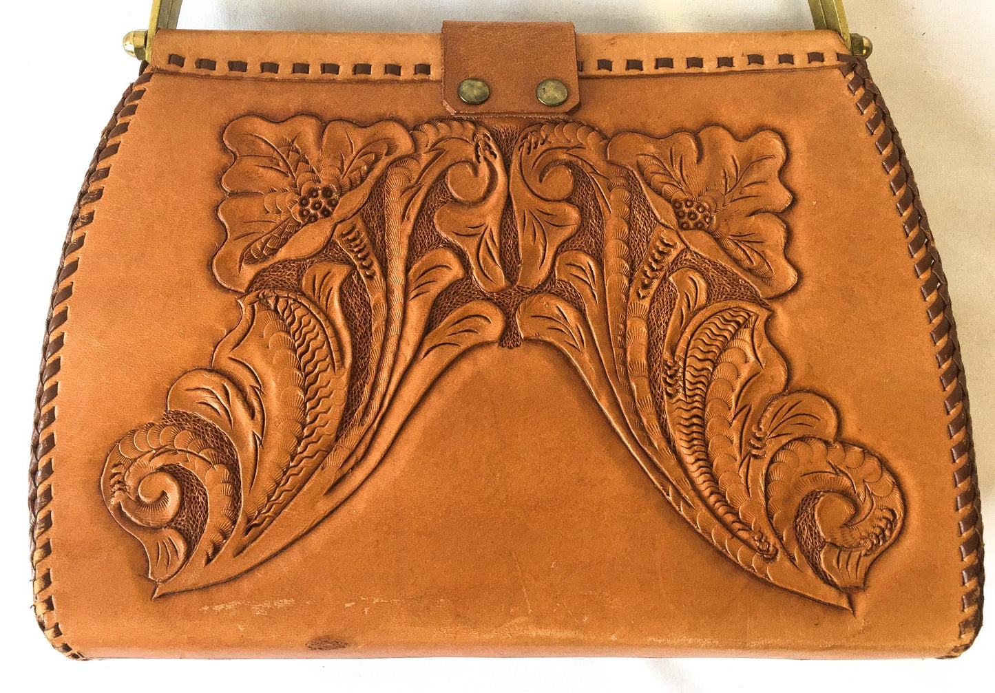 70s Handcrafted Tooled Leather Floral Trapezoid Metal Top Handle Bag, Vintage Western Boho Handbag