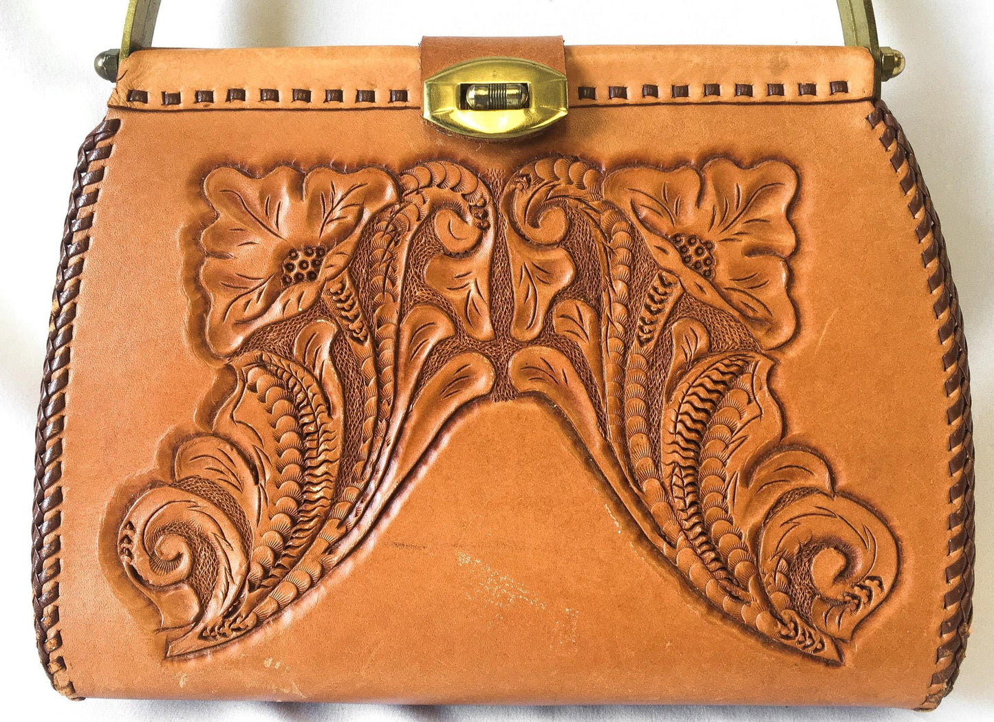 70s Handcrafted Tooled Leather Floral Trapezoid Metal Top Handle Bag, Vintage Western Boho Handbag