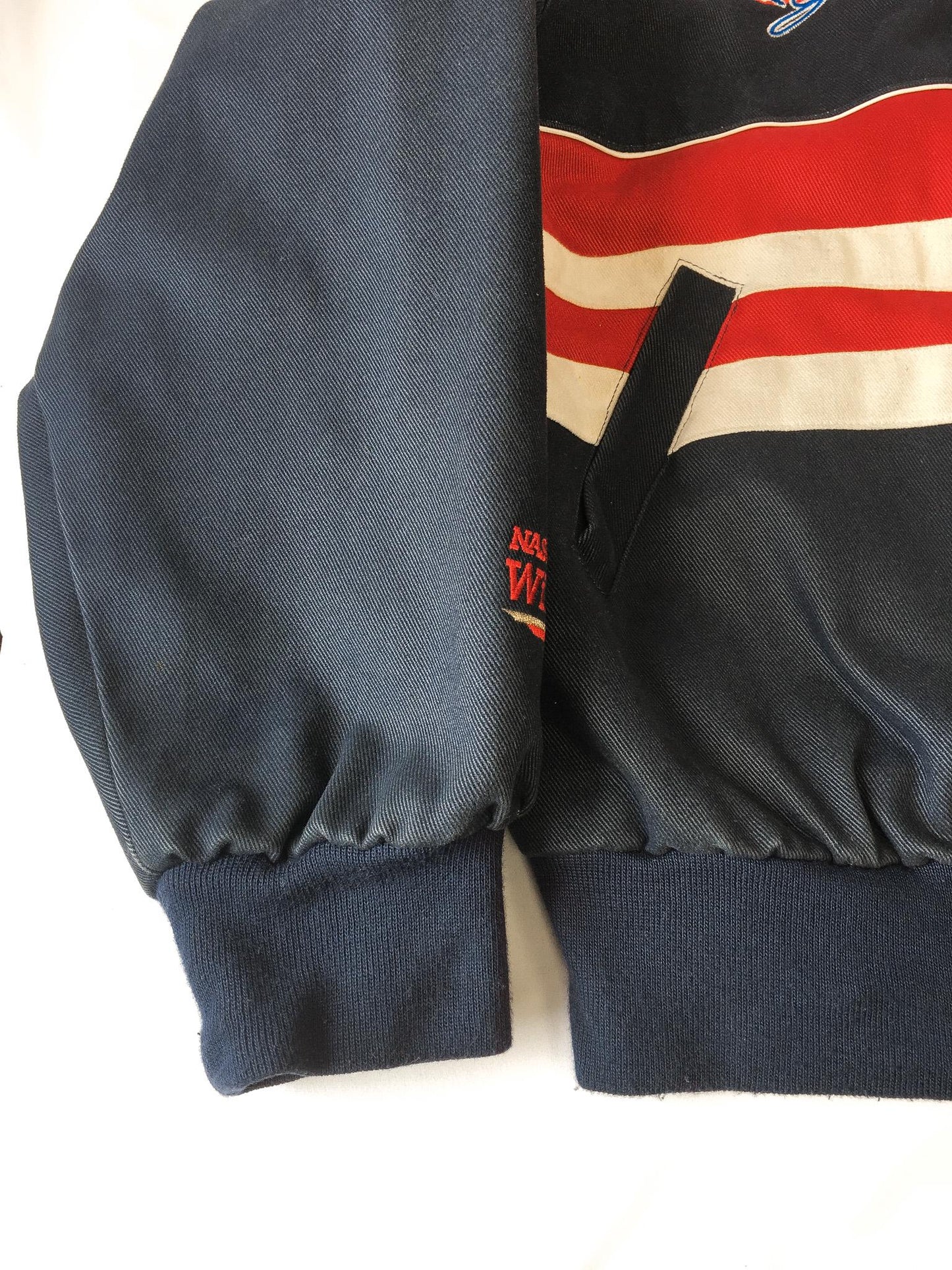 Vintage 1999 Dale Jarrett #88 Ford Quality Care Navy/Red Bomber Racing Jacket, Men's Sz. L, Vintage Chase Authentics NASCAR F1 Jacket