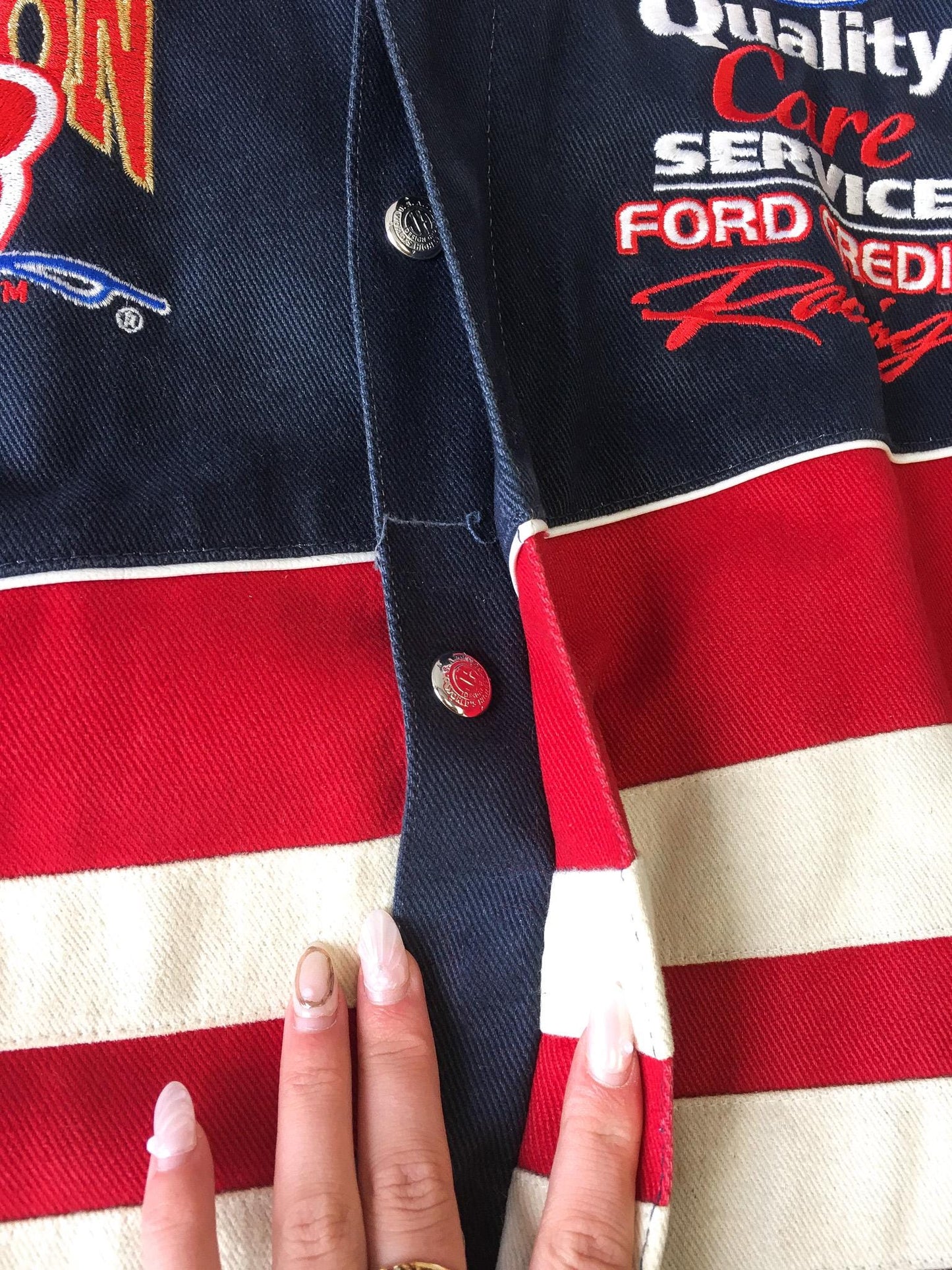 Vintage 1999 Dale Jarrett #88 Ford Quality Care Navy/Red Bomber Racing Jacket, Men's Sz. L, Vintage Chase Authentics NASCAR F1 Jacket