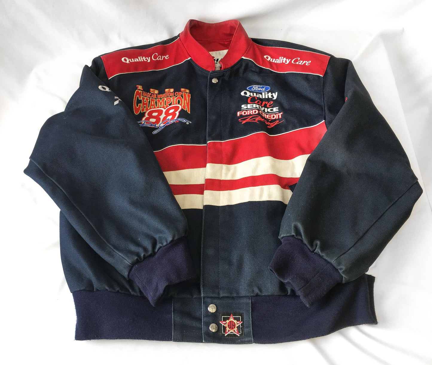 Vintage 1999 Dale Jarrett #88 Ford Quality Care Navy/Red Bomber Racing Jacket, Men's Sz. L, Vintage Chase Authentics NASCAR F1 Jacket