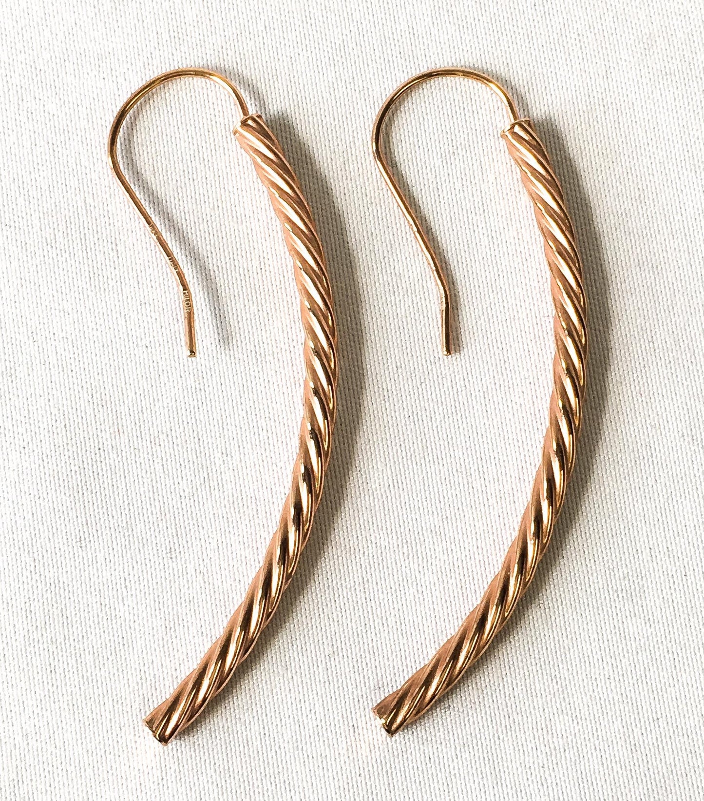 18K Milor Italy Rose Gold Copper Twisted Rod Tube Dangle Earrings, Unique Simple Lightweight Minimalist Earrings