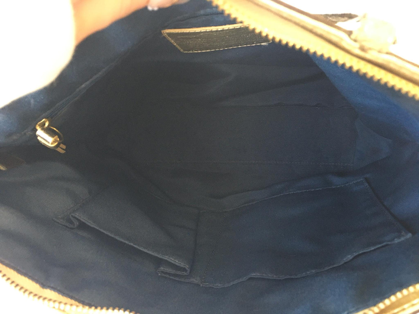 Y2K Coach Signature Script Navy/Metallic Gold Lurex Shoulder Tote Bag, Style F17097, Unique 00s Statement Handbag
