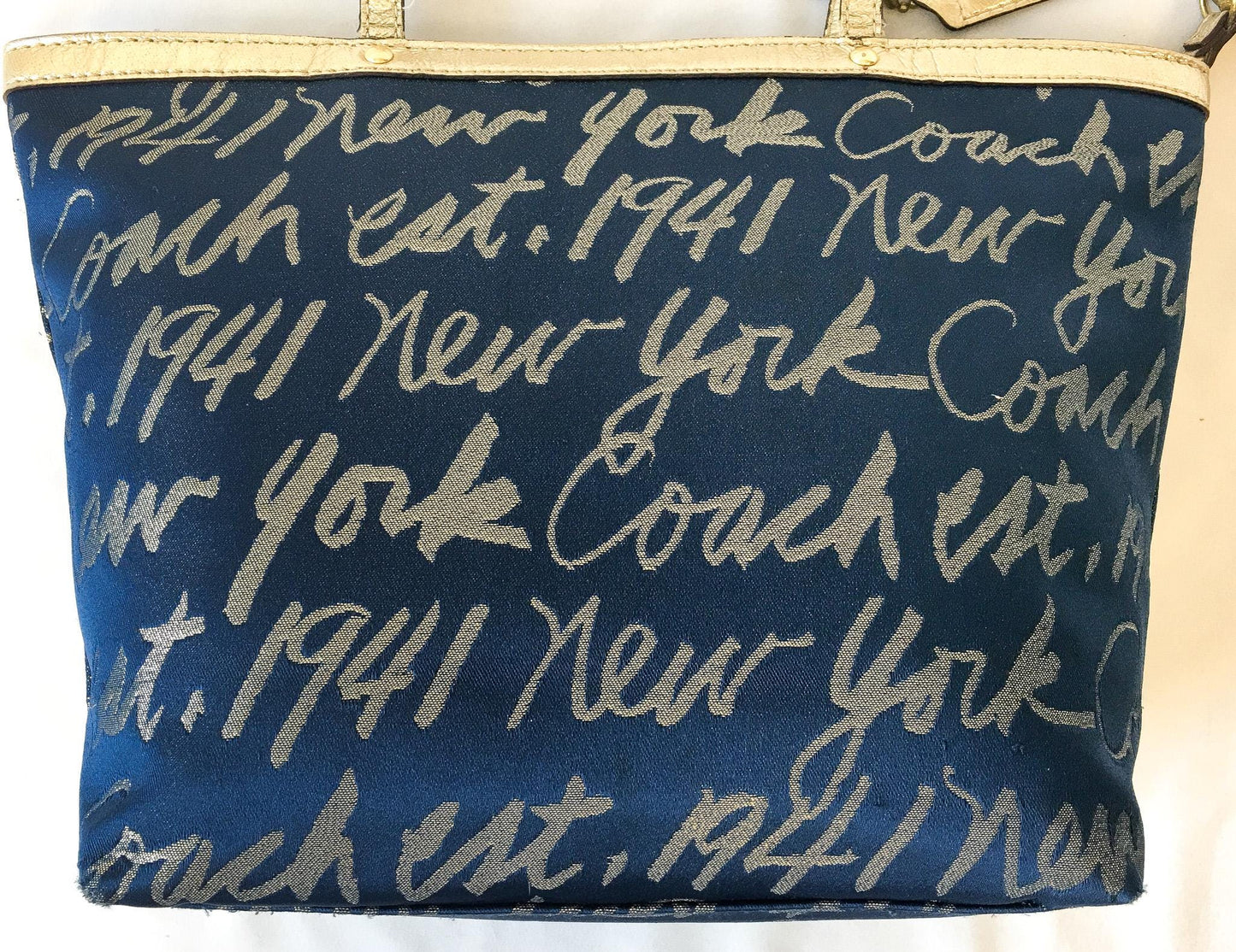 Y2K Coach Signature Script Navy/Metallic Gold Lurex Shoulder Tote Bag, Style F17097, Unique 00s Statement Handbag