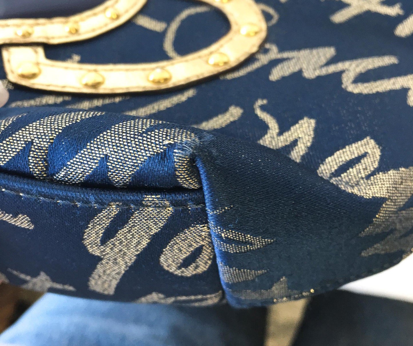 Y2K Coach Signature Script Navy/Metallic Gold Lurex Shoulder Tote Bag, Style F17097, Unique 00s Statement Handbag
