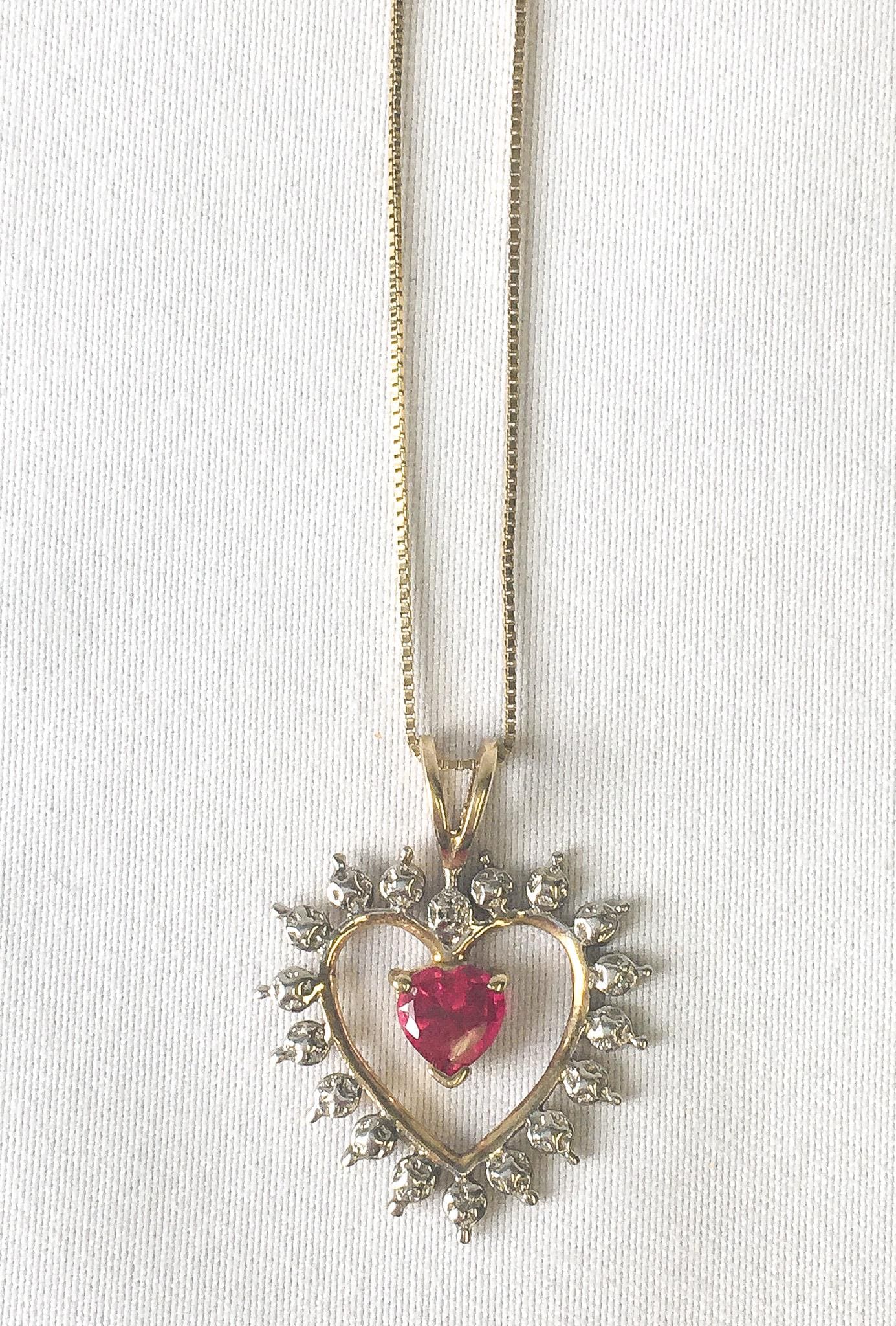 Vintage 10K Ruby White Topaz Heart Pendant on 19.5 Inch 14K Chain, Vintage Elegant Princess Style Necklace