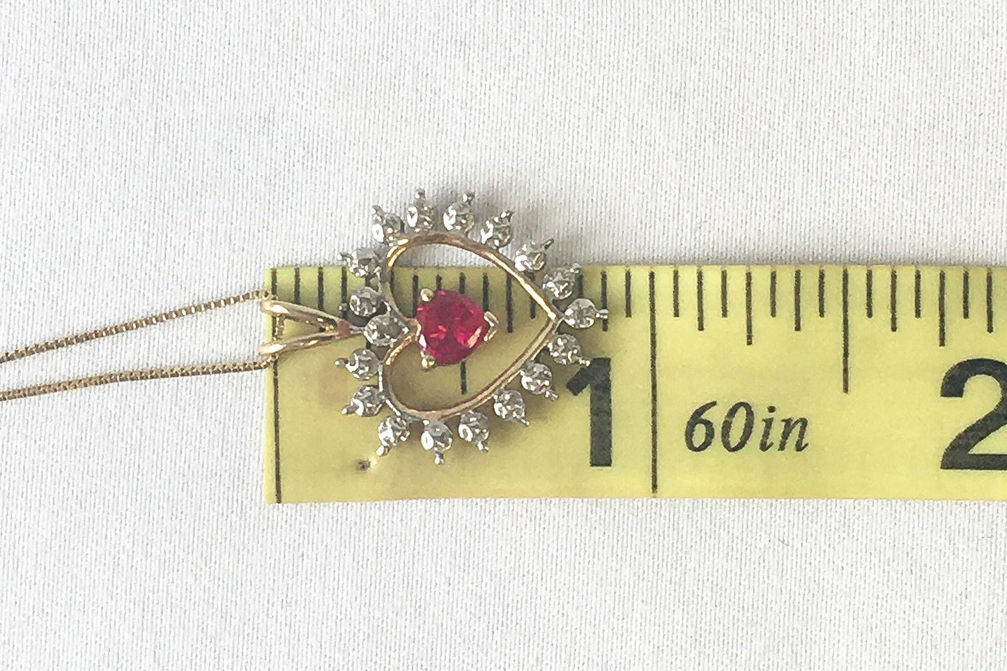 Vintage 10K Ruby White Topaz Heart Pendant on 19.5 Inch 14K Chain, Vintage Elegant Princess Style Necklace