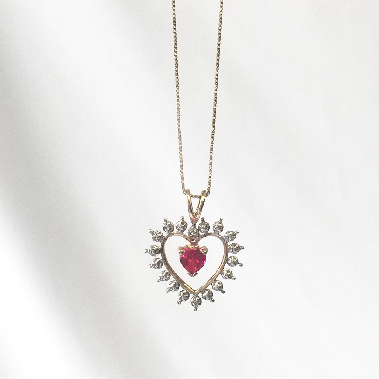 Vintage 10K Ruby White Topaz Heart Pendant on 19.5 Inch 14K Chain, Vintage Elegant Princess Style Necklace