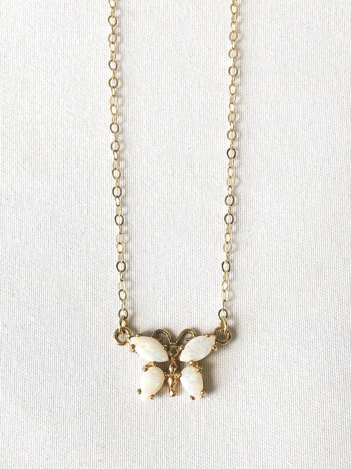 14K Opal Butterfly Necklace, 16", Dainty Simple Everyday Layering Necklace