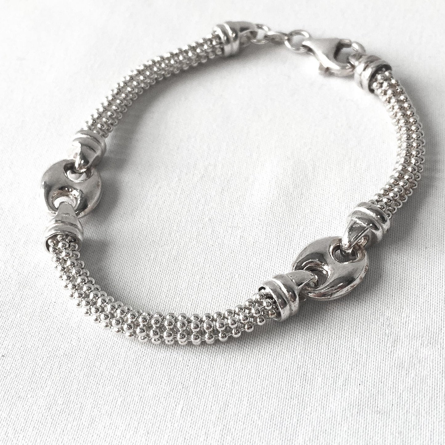 Vintage 925 Italy Beaded Puffy Mariner Anchor Chain Bracelet, 7.5", Unique Simple Everyday Unisex Chain Bracelet